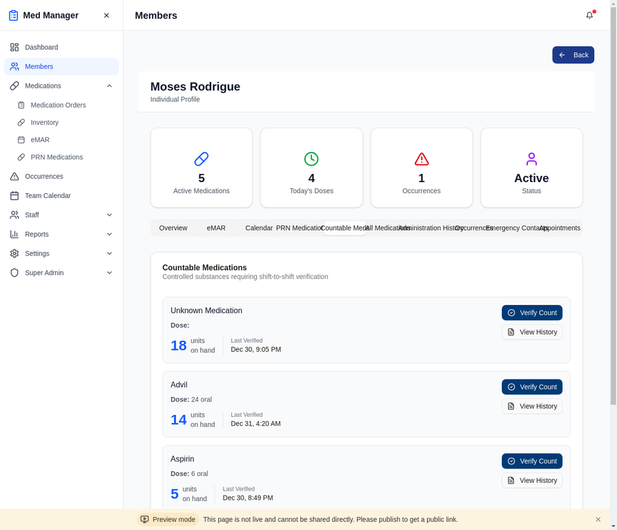 Countable substance tracking with inventory counts