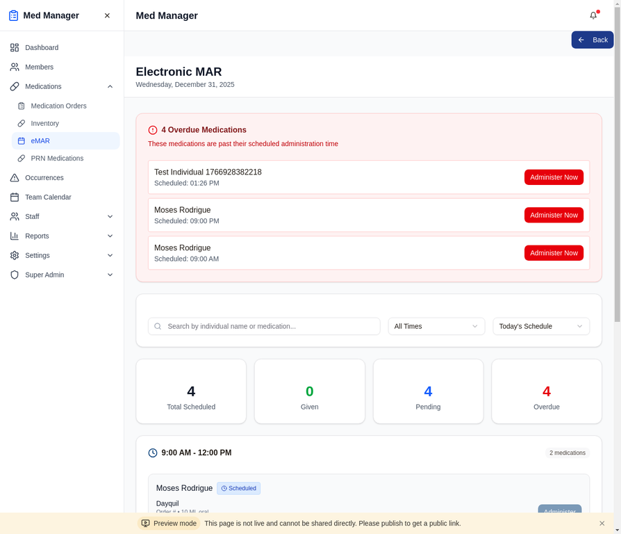 eMAR Dashboard showing scheduled medications with time windows