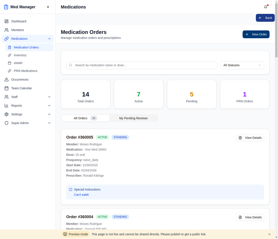 Medication orders list with approval workflow status