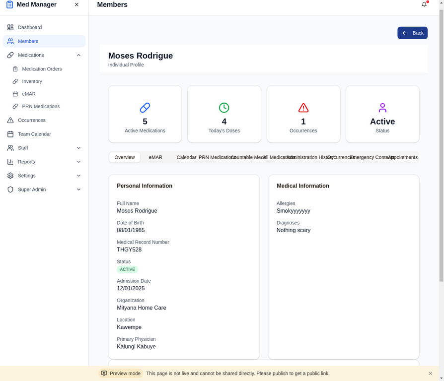 Member profile showing personal information and medication summary