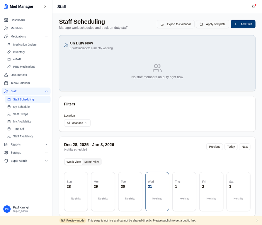 Staff scheduling calendar with shift management
